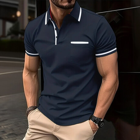 White Stripped Collar Short Sleeve Polo // Navy Blue (XS)