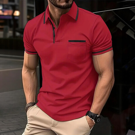 White Stripped Collar Short Sleeve Polo // Red (XS)