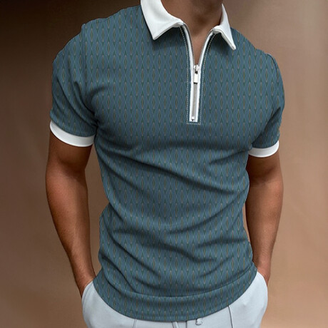 Zip Up Patterned Short Sleeve Polo // Green (XS)