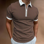 Zip Up Patterned Short Sleeve Polo // Brown (L)