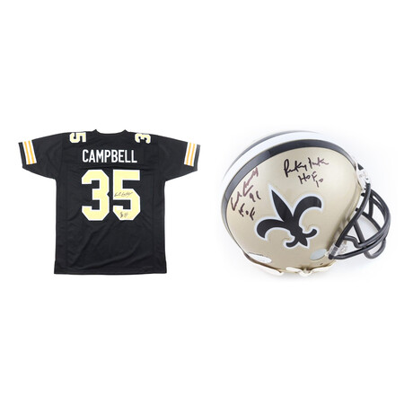 New Orleans Saints // Earl Campbell Signed Jersey + Earl Campbell+Rickey Jackson Signed Mini Helmet Inscribed "HOF 91" "HOF 10"