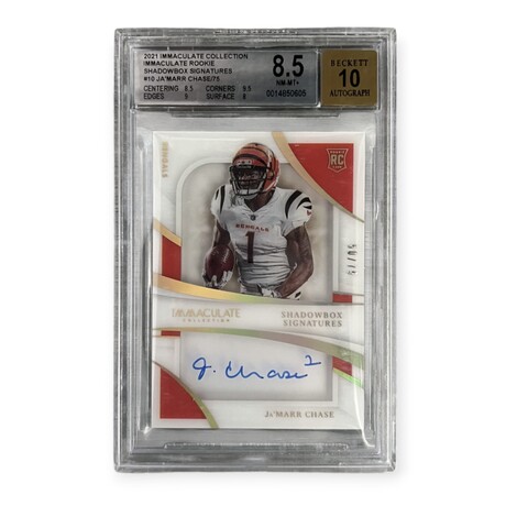 Ja'Marr Chase // 2021 Immaculate Collection Shadowbox Signatures // Rookie Card // LE #50/75 // BGS 8.5 Near Mint+ w/ 10 Auto Grade