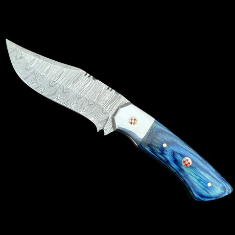 9.5'' Damascus Steel Hunting Knife // Handmade Pakka Wood Handle // Blue