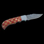 6.5" Damascus Pocket Knife // Handmade Pakka Wood With Olive Wood Handle // Orange Checkered