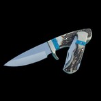 Stainless Steel Outdoor Hunting Set // Turquoise Blue Stone & Stag Antler Handle // Handmade Fixed Blade + Folding Knife Set