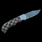 6.5" Damascus Pocket Knife // Handmade Pakka Wood With Olive Wood Handle // Black Checkered