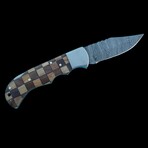 6.5" Damascus Pocket Knife // Handmade Pakka Wood With Olive Wood Handle // Brown Checkered