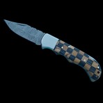 6.5" Damascus Pocket Knife // Handmade Pakka Wood With Olive Wood Handle // Black Checkered