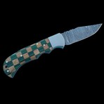 6.5" Damascus Pocket Knife // Handmade Pakka Wood With Olive Wood Handle // Green Checkered