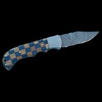 6.5" Damascus Pocket Knife // Handmade Pakka Wood With Olive Wood Handle // Blue Checkered