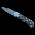 6.5" Damascus Pocket Knife // Handmade Pakka Wood With Olive Wood Handle // Blue Checkered