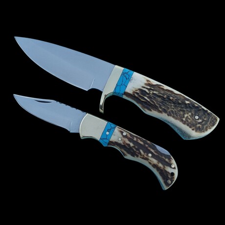 Stainless Steel Outdoor Hunting Set // Turquoise Blue Stone & Stag Antler Handle // Handmade Fixed Blade + Folding Knife Set