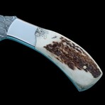 9.5'' Damascus Steel Hunting Tracker Knife // Handmade Stag Antler Handle With Stainless Steel Bolster