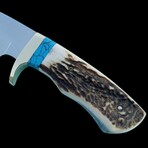 Stainless Steel Outdoor Hunting Set // Turquoise Blue Stone & Stag Antler Handle // Handmade Fixed Blade + Folding Knife Set