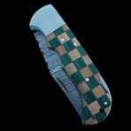 6.5" Damascus Pocket Knife // Handmade Pakka Wood With Olive Wood Handle // Green Checkered