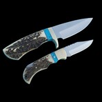 Stainless Steel Outdoor Hunting Set // Turquoise Blue Stone & Stag Antler Handle // Handmade Fixed Blade + Folding Knife Set