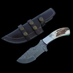 9.5'' Damascus Steel Hunting Tracker Knife // Handmade Stag Antler Handle With Stainless Steel Bolster