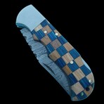 6.5" Damascus Pocket Knife // Handmade Pakka Wood With Olive Wood Handle // Blue Checkered