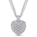 1ct TW Diamond Heart Pendant with Triple Chain in Sterling Silver - 17 in