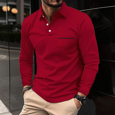 Long Sleeve Button Polo w/Pocket // Red (XS)