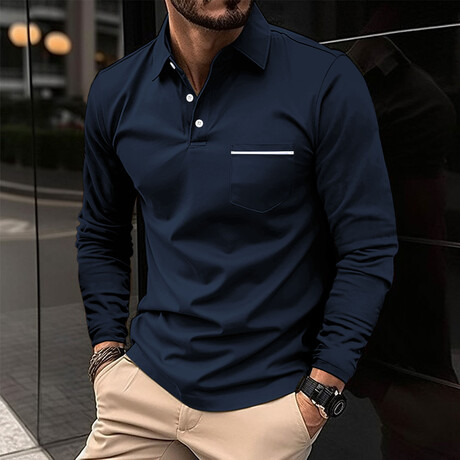 Long Sleeve Button Polo w/Pocket // Navy Blue (XS)