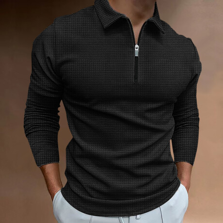 Long Sleeve Textured Quarter-Zip Polo Shirt // Black (XS)