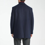 Plain Slim Fit Notch Collar Metal Button Double Breasted Coat // Navy Blue (M)