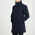 Plain Slim Fit Stand Collar Hidden Button Coat // Navy Blue (S)