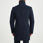 Plain Slim Fit Stand Collar Hidden Button Coat // Navy Blue (S)