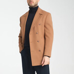 Plain Slim Fit Notch Collar Metal Button Double Breasted Coat // Taba (S)