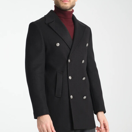 Plain Slim Fit Notch Collar Metal Button Double Breasted Coat // Black (S)