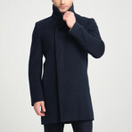 Plain Slim Fit Stand Collar Hidden Button Coat // Navy Blue (S)