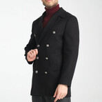 Plain Slim Fit Notch Collar Metal Button Double Breasted Coat // Black (XL)