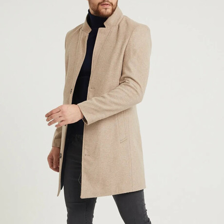 Plain Slim Fit Pointed Collar Buttoned Coat // Beige (S)