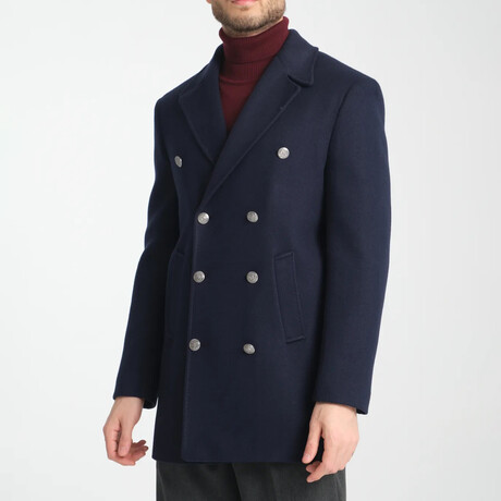 Plain Slim Fit Notch Collar Metal Button Double Breasted Coat // Navy Blue (S)