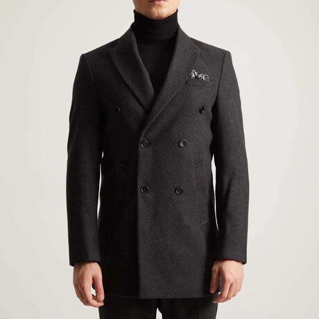 Plain Slim Fit Pointed Collar Buttoned Double Breasted Coat // Dark Gray (S)