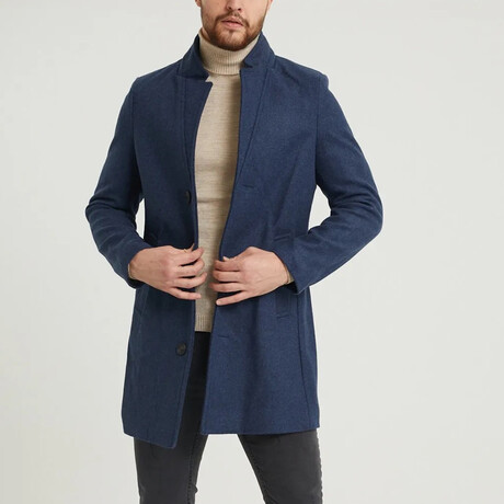 Plain Slim Fit Pointed Collar Buttoned Coat // Navy Blue (S)