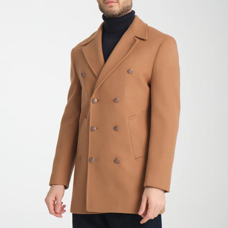 Plain Slim Fit Notch Collar Metal Button Double Breasted Coat // Taba (S)