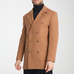 Plain Slim Fit Notch Collar Metal Button Double Breasted Coat // Taba (S)