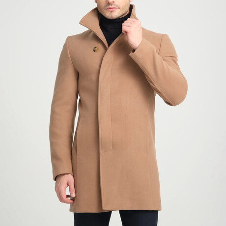 Plain Slim Fit Stand Collar Hidden Button Coat // Brown (S)