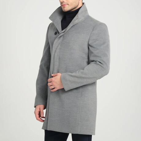 Plain Slim Fit Stand Collar Hidden Button Coat // Gray (S)