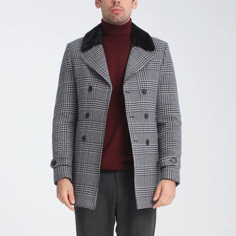 Plaid Slim Fit Notch Collar Double Breasted Coat // Gray (S)