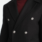 Plain Slim Fit Notch Collar Metal Button Double Breasted Coat // Black (XL)