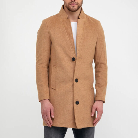 Plain Slim Fit Pointed Collar Buttoned Coat // Taba (S)