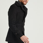 Epaulette Waist Belted Buttoned Plain Coat // Black (L)