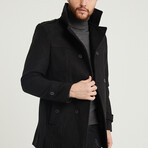 Epaulette Waist Belted Buttoned Plain Coat // Black (L)