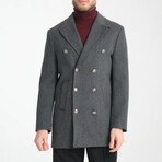 Plain Slim Fit Notch Collar Metal Button Double Breasted Coat // Dark Gray (S)