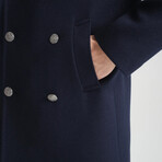 Plain Slim Fit Notch Collar Metal Button Double Breasted Coat // Navy Blue (M)