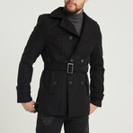 Epaulette Waist Belted Buttoned Plain Coat // Black (L)