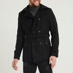 Epaulette Waist Belted Buttoned Plain Coat // Black (L)